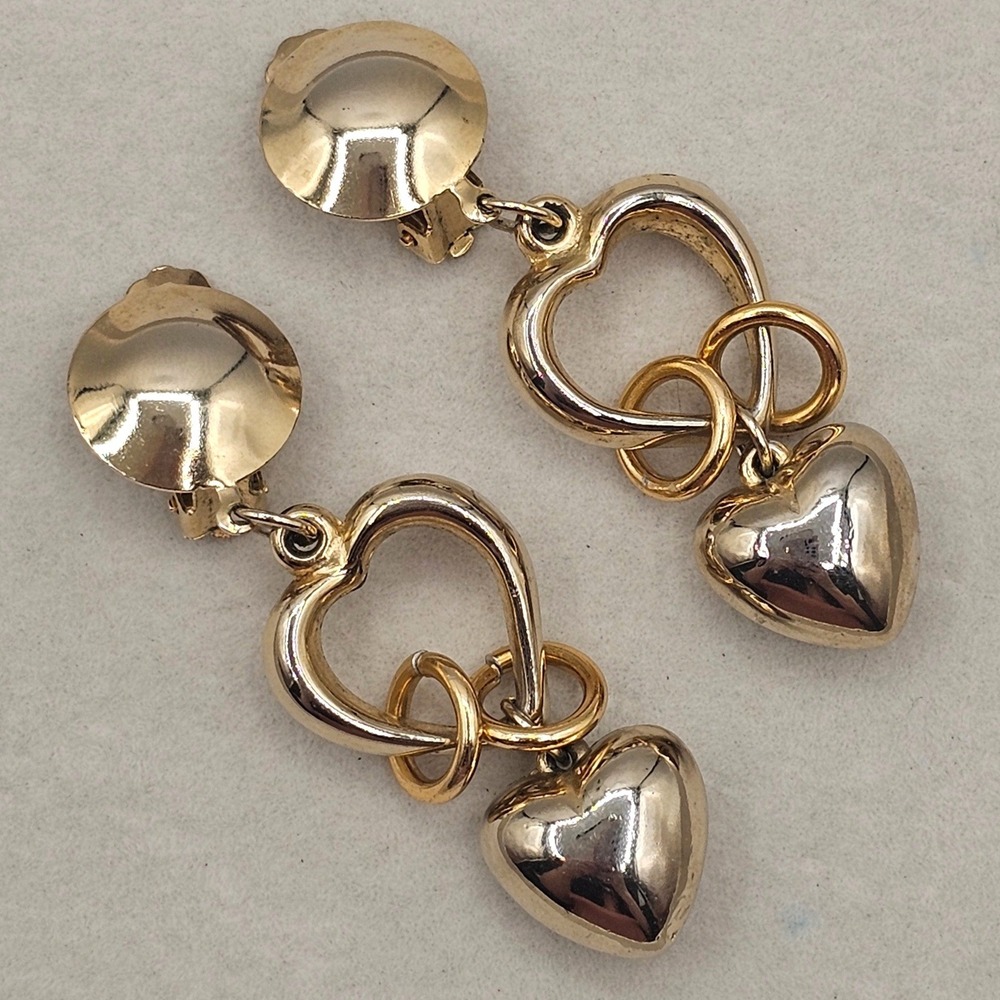 Puffy Heart Dangle Clip On Earrings Drop Retro Gold Tone Steampunk Love